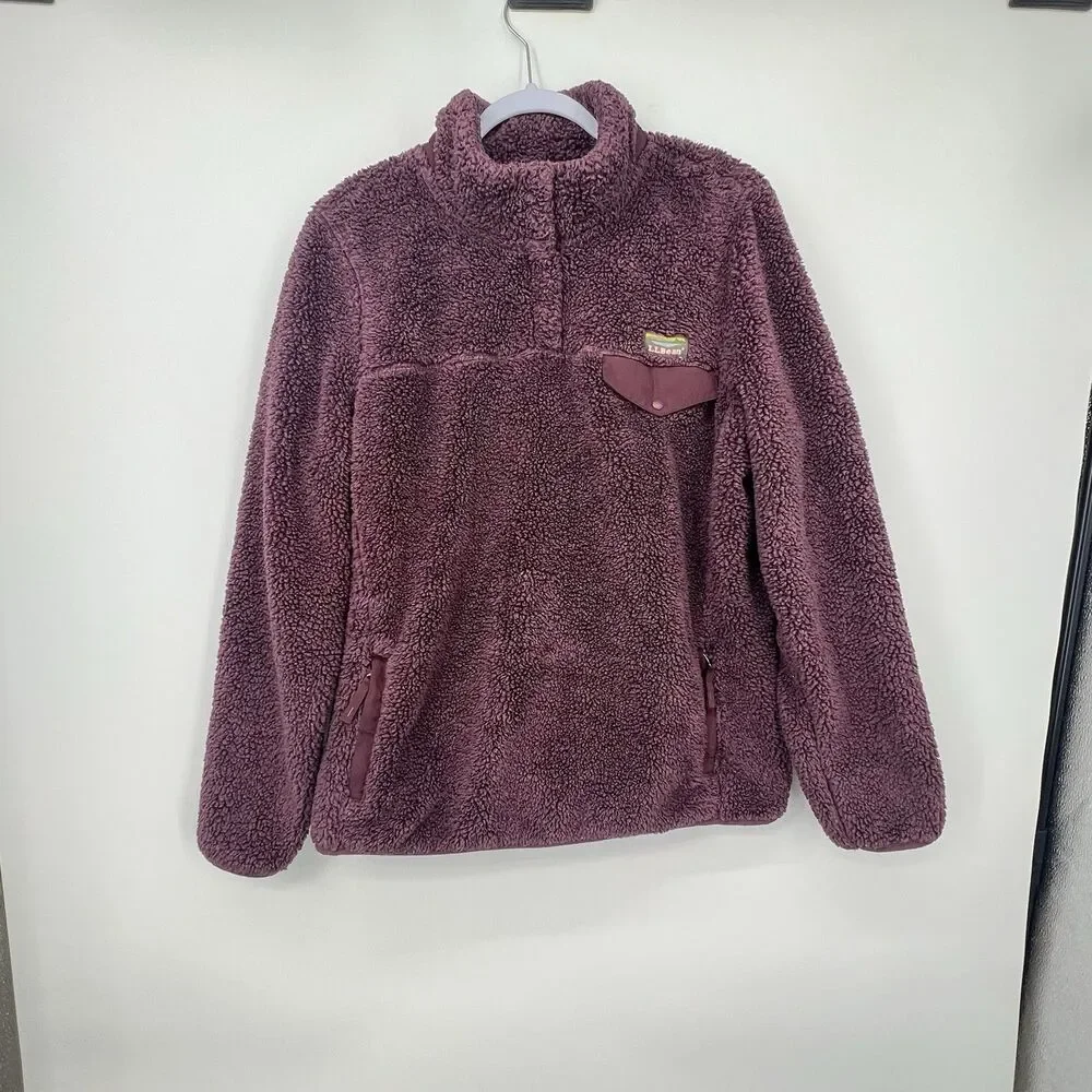 LL Bean Womens 1/4 Snap Hi-Pile Fleece Pullover Sherpa Jacket Size L Purple